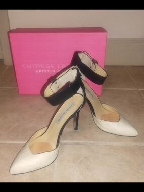 Chinese Laundry Kristin Cavallari Nude Faux Snakeskin Black Ankle-Strap Pumps